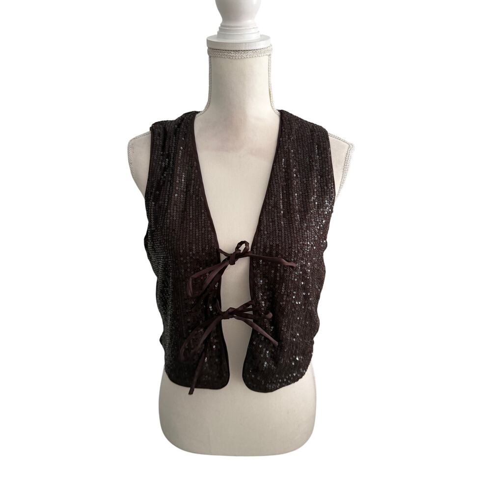RACHEL ZOE Brown Sequin Tie Front Vest Size Medium NEW NWT - Picture 4 of 5